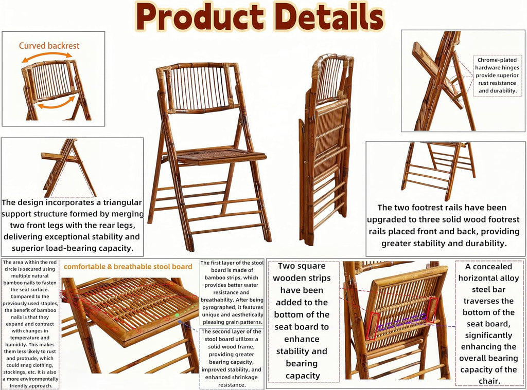 2 Pack Certified Bamboo Folding Chair, Completely Upgraded Foldable Vintage Dining Chair with 330lb Handcrafted for Living Room Patio Garden Balcony Indoor/Outdoor (, Antique Brown)