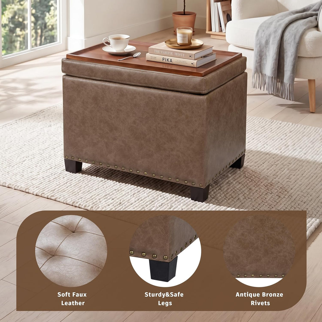 Homebeez 22" Storage Ottoman Coffee Table with Flip Top Tray, Tufted Faux Leather Footrest Stool with Nailhead Trim, Large Foot Rest for Living Room, Taupe Brown