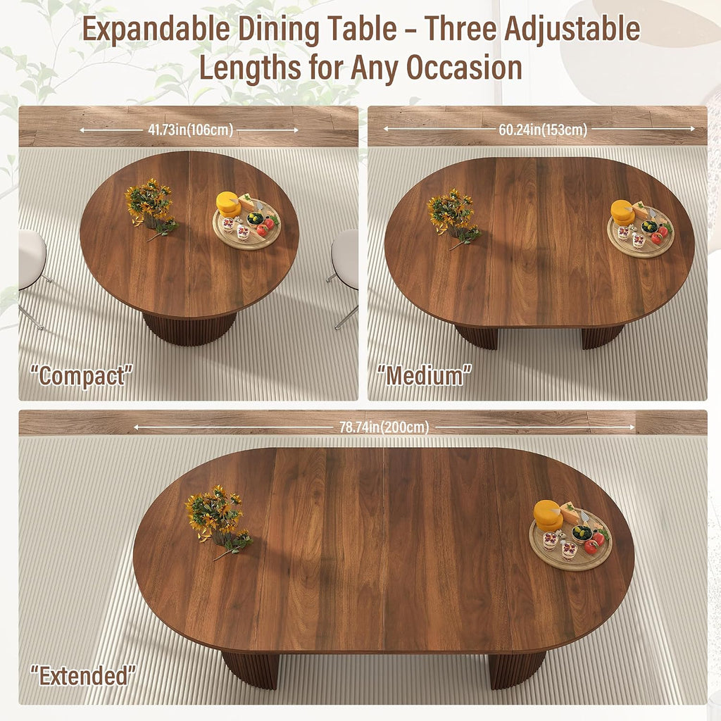 41 in-78 in Extendable Dining Room Table for 4-8, Round Expandable Kitchen Table with Fluted Base, Modern Farmhouse Oval Dinner Tables for Dining Room Kitchen Living Room (Walnut)