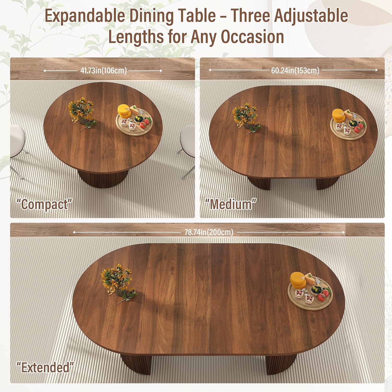 41 in-78 in Extendable Dining Room Table for 4-8, Round Expandable Kitchen Table with Fluted Base, Modern Farmhouse Oval Dinner Tables for Dining Room Kitchen Living Room (Walnut)