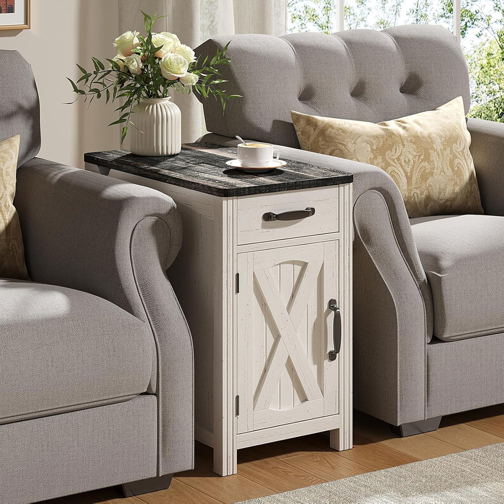 ONBRILL Farmhouse End Table with Charging Station, Narrow Side Table with Barn Door, Rustic Wood Sofa Side Table with Drawer and Storage Cabinet, 23.5" Small Nightstand for Living Room (Rustic White)