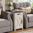 ONBRILL Farmhouse End Table with Charging Station, Narrow Side Table with Barn Door, Rustic Wood Sofa Side Table with Drawer and Storage Cabinet, 23.5" Small Nightstand for Living Room (Rustic White)