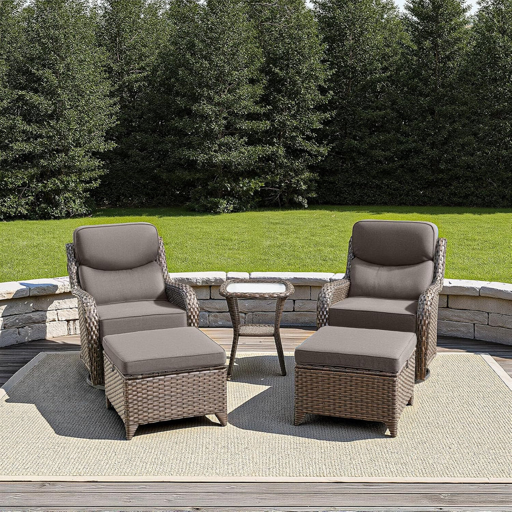 Patio Wicker Ottomans Set of 2, All Weather Outdoor Rattan Ottoman Seat, 2 Pieces Outdoor Patio Ottomans, Outdoor Footstool Footrest Seat, Brown Wicker Grey Cushions