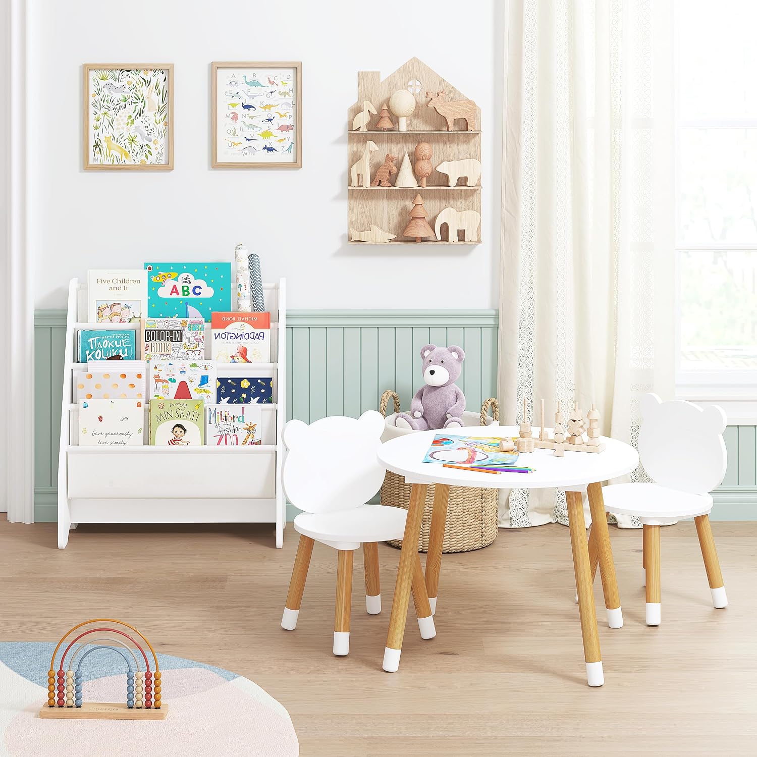 UTEX Kids Wood Table and Chair Set and Kids Sling Bookshelf