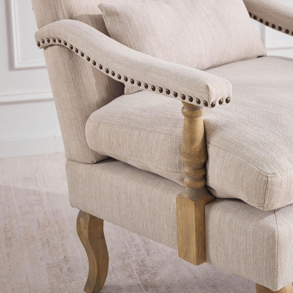 Accent Chair with Ottoman, Farmhouse Upholstered Armchair with Removable Thick Cushion & Lumbar Pillow, Wood Turned Legs, Comfy Reading Chair for Living Room Bedroom, Natural Beige