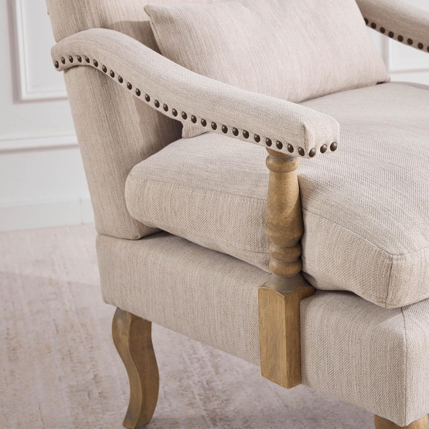 Accent Chair with Ottoman, Farmhouse Upholstered Armchair with Removable Thick Cushion & Lumbar Pillow, Wood Turned Legs, Comfy Reading Chair for Living Room Bedroom, Natural Beige