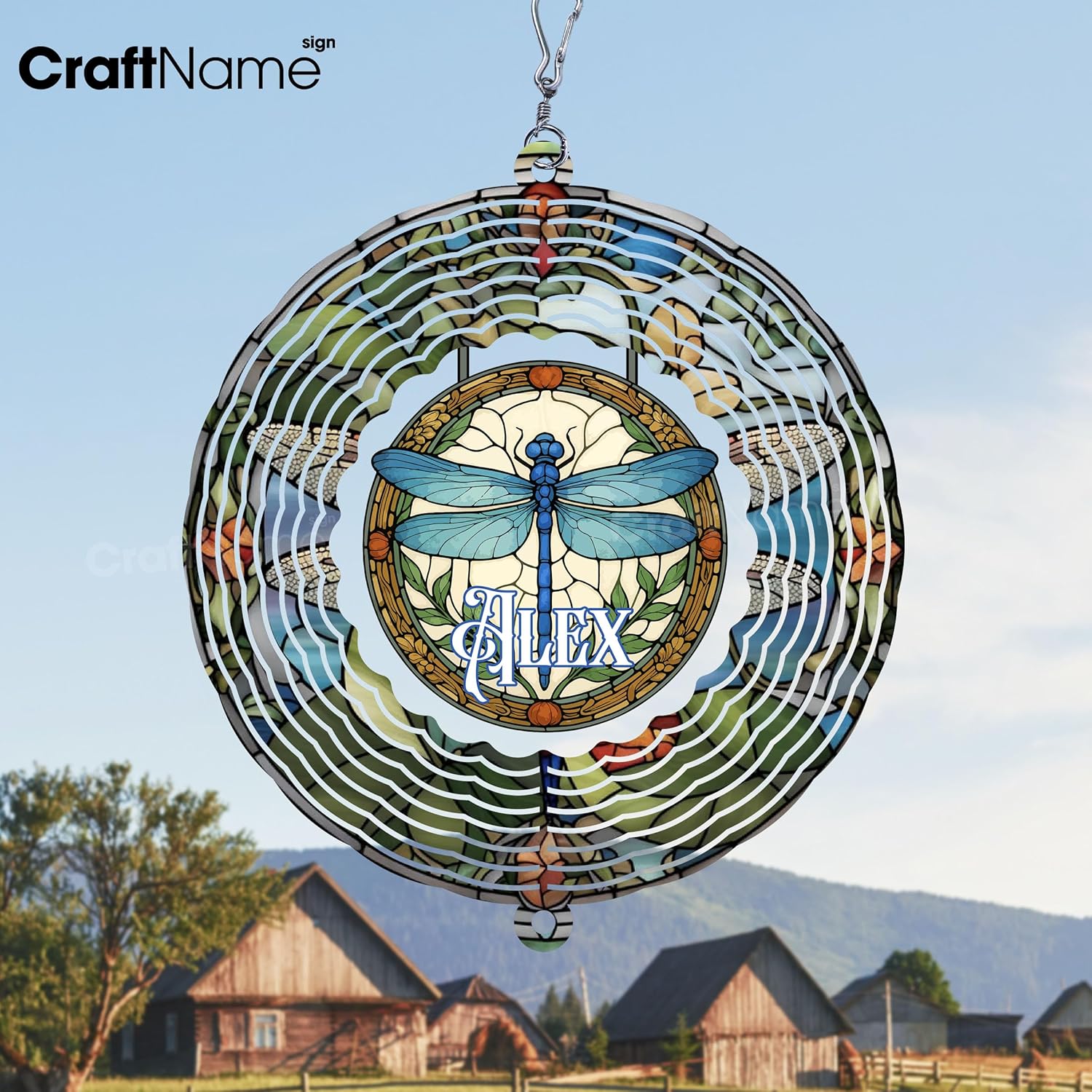 Personalized Dragonfly Wind Spinner 3D Stainless Steel, Dragonfly Garden Spinner Hanging Outdoor Decor, Wind Spinners Outdoor, Custom Gift for Grandmother, Mom, Wife
