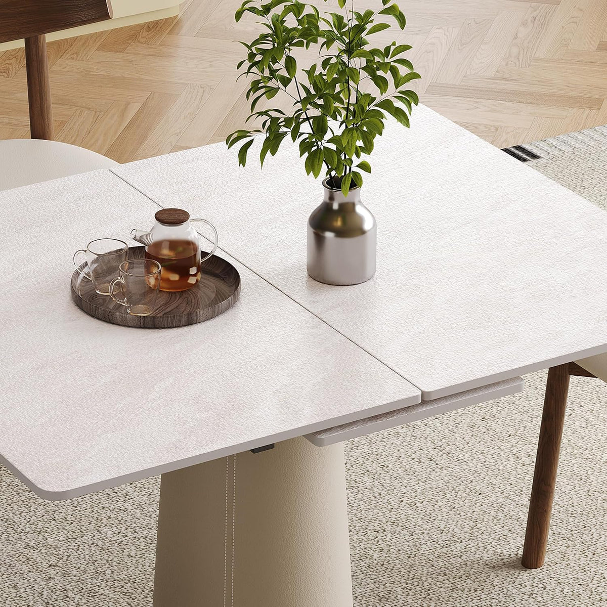 47.2" Retractable Rock Slab Folding Dining Table, Modern Expandable Kitchen Table with Leather-Wrapped Stainless Steel Base, Space Saving Square Dining Table for Small Apartments