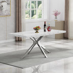 70 inch Faux Marble Dining Table for 4-6, Modern Kitchen Table with White Faux Marble Tabletop, Silver Stainless Steel X Base, Rectangular Dining Room Table for Dinner, Party, Meeting, Celebration