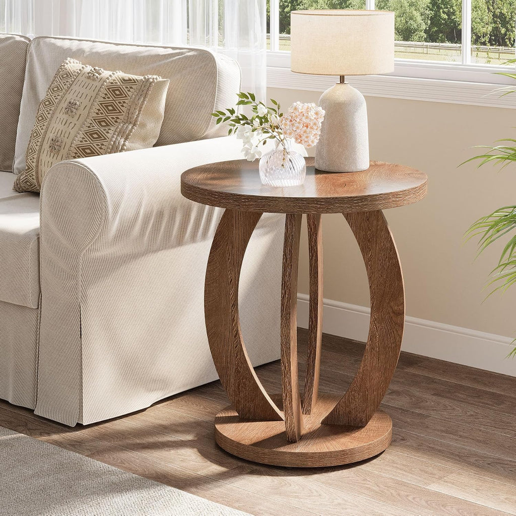 Tribesigns End Table, Round Side Table with Storage, Farmhouse Nightstand Bedside with Round Tabletop, Accent End Table for Living Room Bedroom Small Space, Wooden Accent Furniture, Rustic Brown