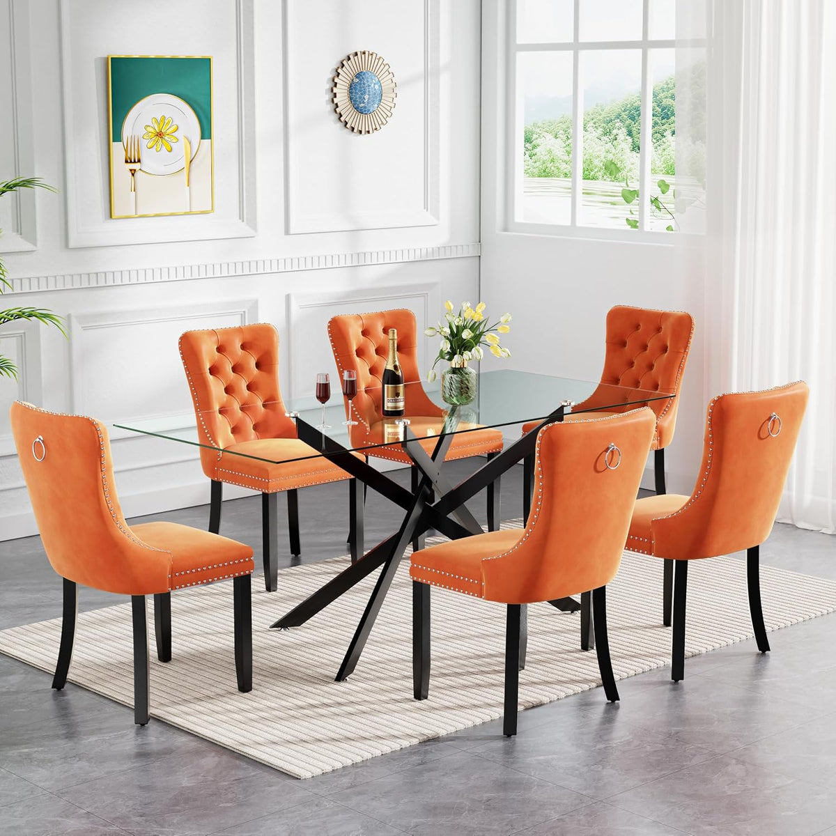 60" Black Glass Dining Room Table Set for 6, 7-Piece Modern Rectangular Kitchen Dining Table Set with Cross Chrome Metal Legs & 6 Orange Velvet Upholstered Chairs, Kitchen Table and Chairs Set