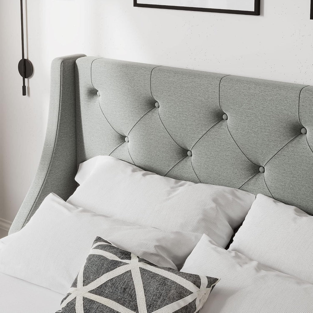 Allewie Queen Bed Frame with 4 Storage Drawers and Wingback Headboard, Button Tufted Design, No Box Spring Needed, Light Grey