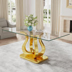 69" Glass Dining Table for 4-6, Luxury Rectangular Kitchen Table with Tempered Glass and Gold Petal-Shaped Base for Dining Room, Living Room