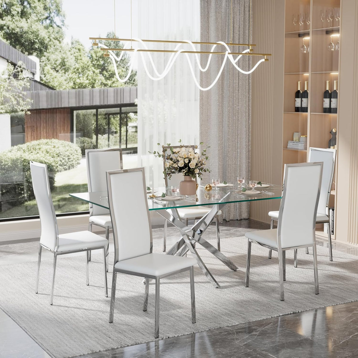 Modern Dining Chairs Set of 6, White Faux Leather with Chrome Silver Metal Legs, Curved High Back Design & Cloud Cushioning, Mid-Century Kitchen Chairs with Non-Slip Feet (Easy Assembly)