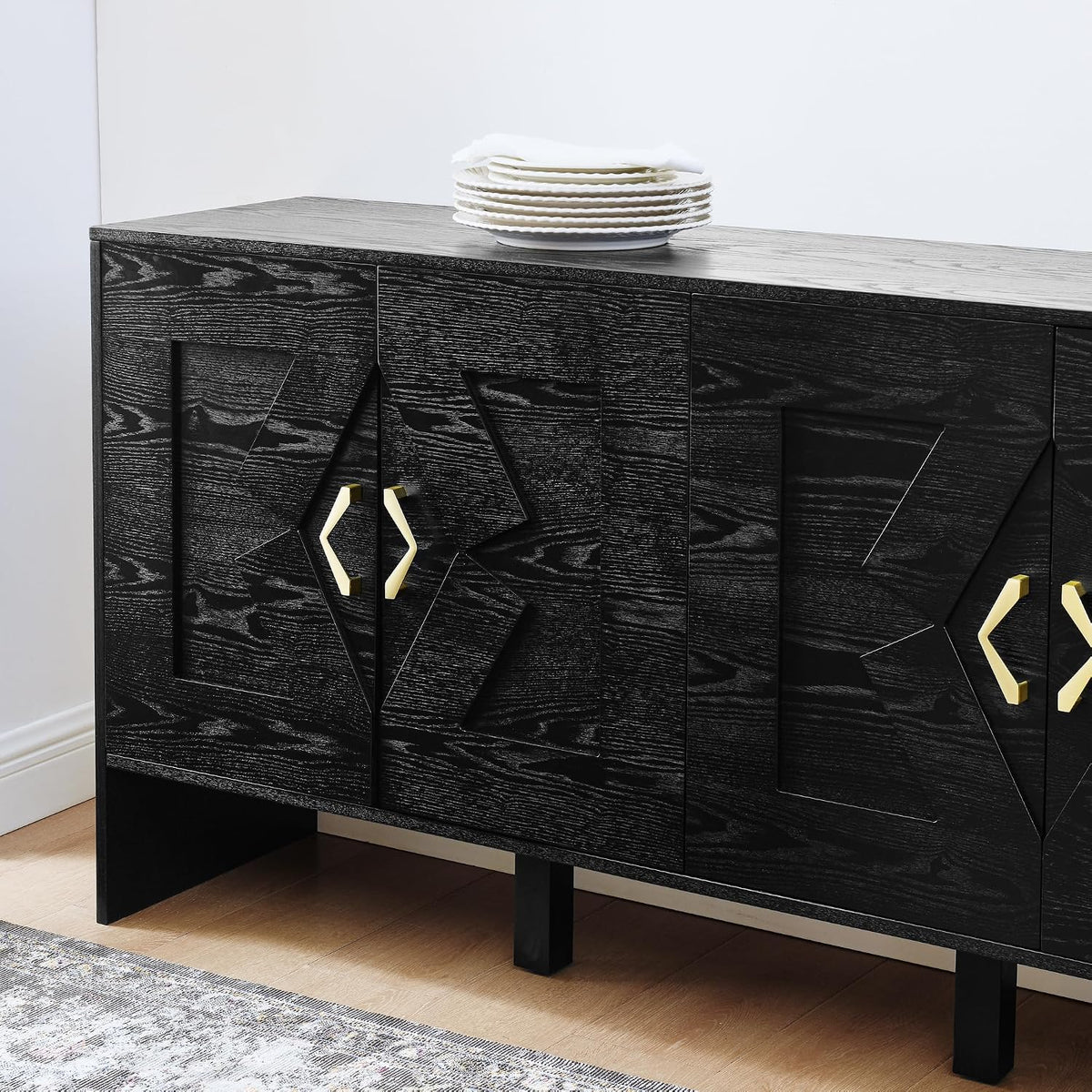 LKTART 60" Black Sideboard Buffet Cabinet,Modern Accent Credenza Storage Cabinet with 4 Doors,Media Console Table for Living Room Entryway
