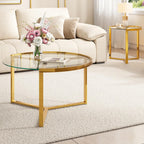 Glass Nesting Coffee Table Set with Metal Frame & Glam Design, Transparent | Modern Round Cocktail Center Table with Tempered Glass, Luxury for Living Room & Home Decor