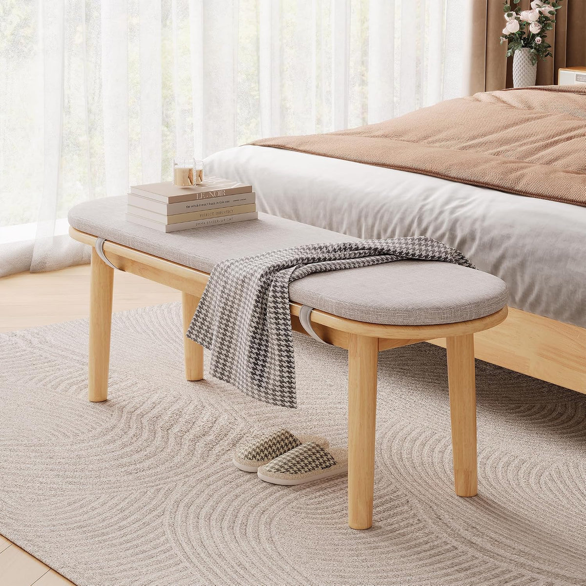 63" Dining Bench Rubber Wood for 6-8 Person,Bedroom Bench,Window Bench,Entryway Bench,Upholstered Bench,with Padded Seat and Solid Wood Leg for Kitchen,Indoor and Hallway,Beige, 63in.