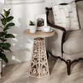 COZAYH Rustic Farmhouse Wooden End Table, Distressed Round Accent Table with Intricate Carved Floral Patterns, Boho, for Living Room, Bedroom, or Entryway, Distressed Wood Color