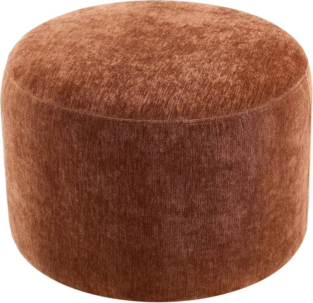 Upholstered Round Pouf Ottoman, Modern Footstool, Orange-Brown | Small Chenille Footrest with Soft Padded Seat & Wood Frame, Accent Vanity Stool for Bedroom (22.6"D x 22.6"W x 16.5"H)