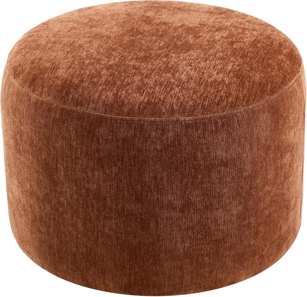Upholstered Round Pouf Ottoman, Modern Footstool, Orange-Brown | Small Chenille Footrest with Soft Padded Seat & Wood Frame, Accent Vanity Stool for Bedroom (22.6"D x 22.6"W x 16.5"H)