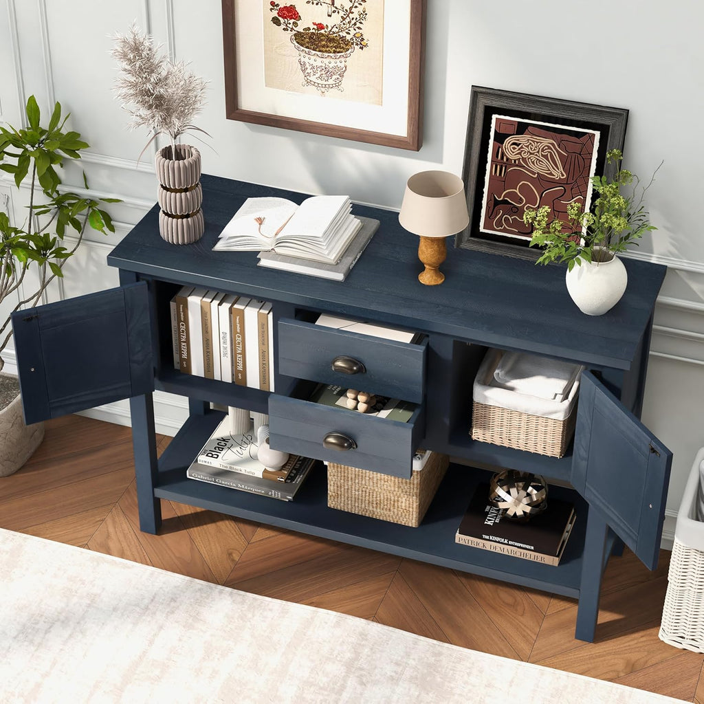 46'' Solid Wood Console Table Sideboard with 2 Drawers and Cabinets and Bottom Shelf, Retro Style Storage Dining Buffet Server Cabinet, for Living Room Kitchen Dining Room (Navy Blue-01)