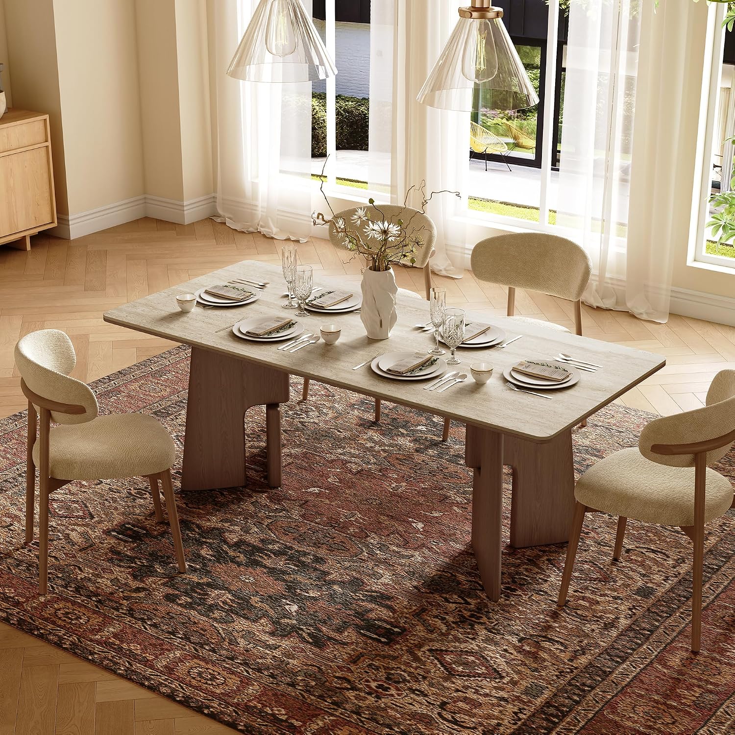 71" Modern Sintered Stone Dining Table for 6-8, Solid Wood Base Rectangular Kitchen Table, Mid Century Dining Room Table for Spacious Home