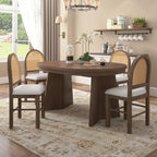 Merax 5-Piece Round Dining Table Set for 4, Extendable Kitchen Table Set with 4 Upholstered Chairs for Dining Room, Kitchen, Small Space, Beige+Walnut