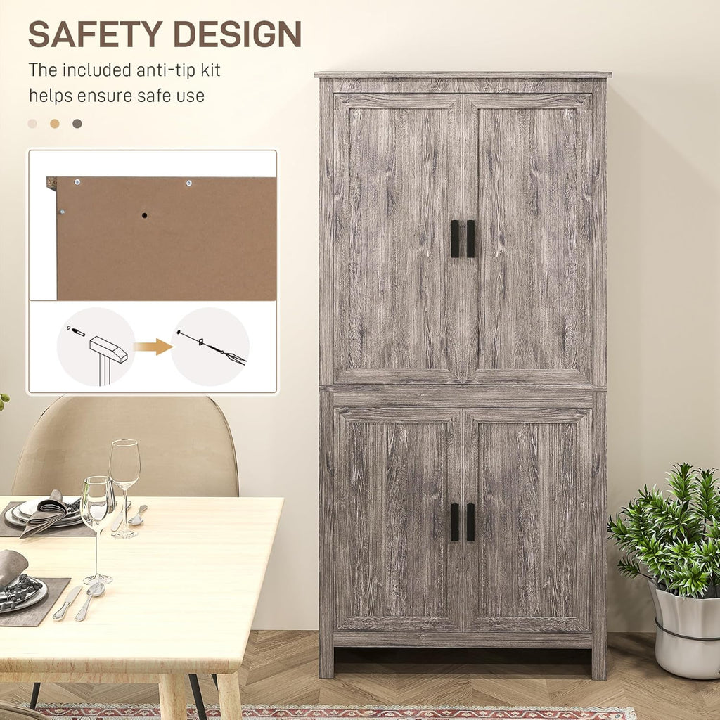 HOMCOM 64" Kitchen Pantry Cabinet, Freestanding Storage Cabinet with 4 Doors and 3 Adjustable Shelves for Dining Room, Gray Oak