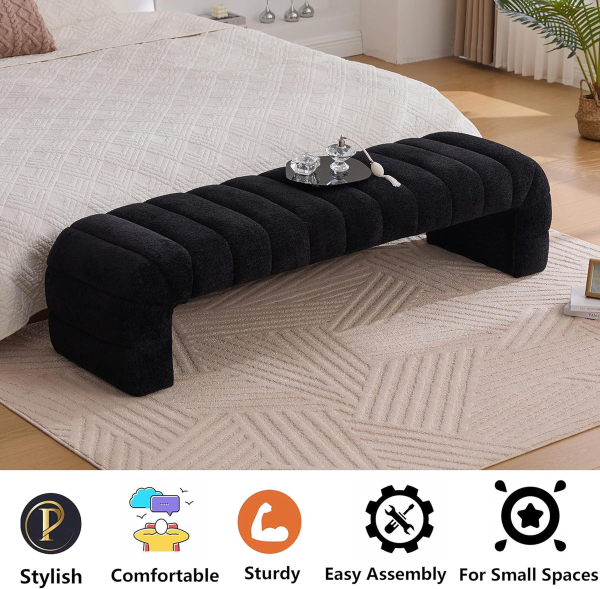 Arched Ottoman Bench for Bedroom Living Room,69.7" Chenille Long Benches for Bed End King Size,Modern Channel Tufted Seating Bench for Entryway,Window,Bedside (Black, 69.7")