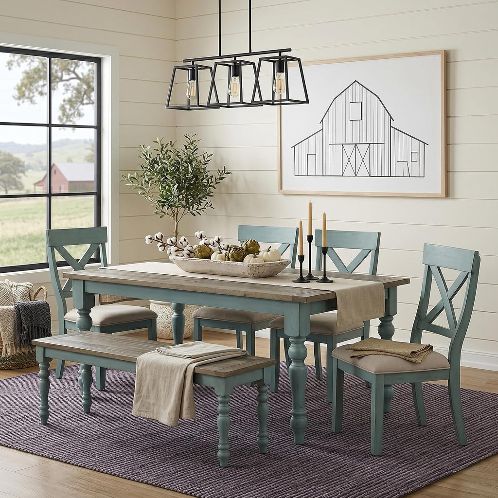 Roundhill Furniture Prato 6-Piece Dining Set, Dining Table with 4 Cross Back Chairs and Bench, Antique Blue and Distressed Walnut Finish
