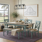 Roundhill Furniture Prato 6-Piece Dining Set, Dining Table with 4 Cross Back Chairs and Bench, Antique Blue and Distressed Walnut Finish