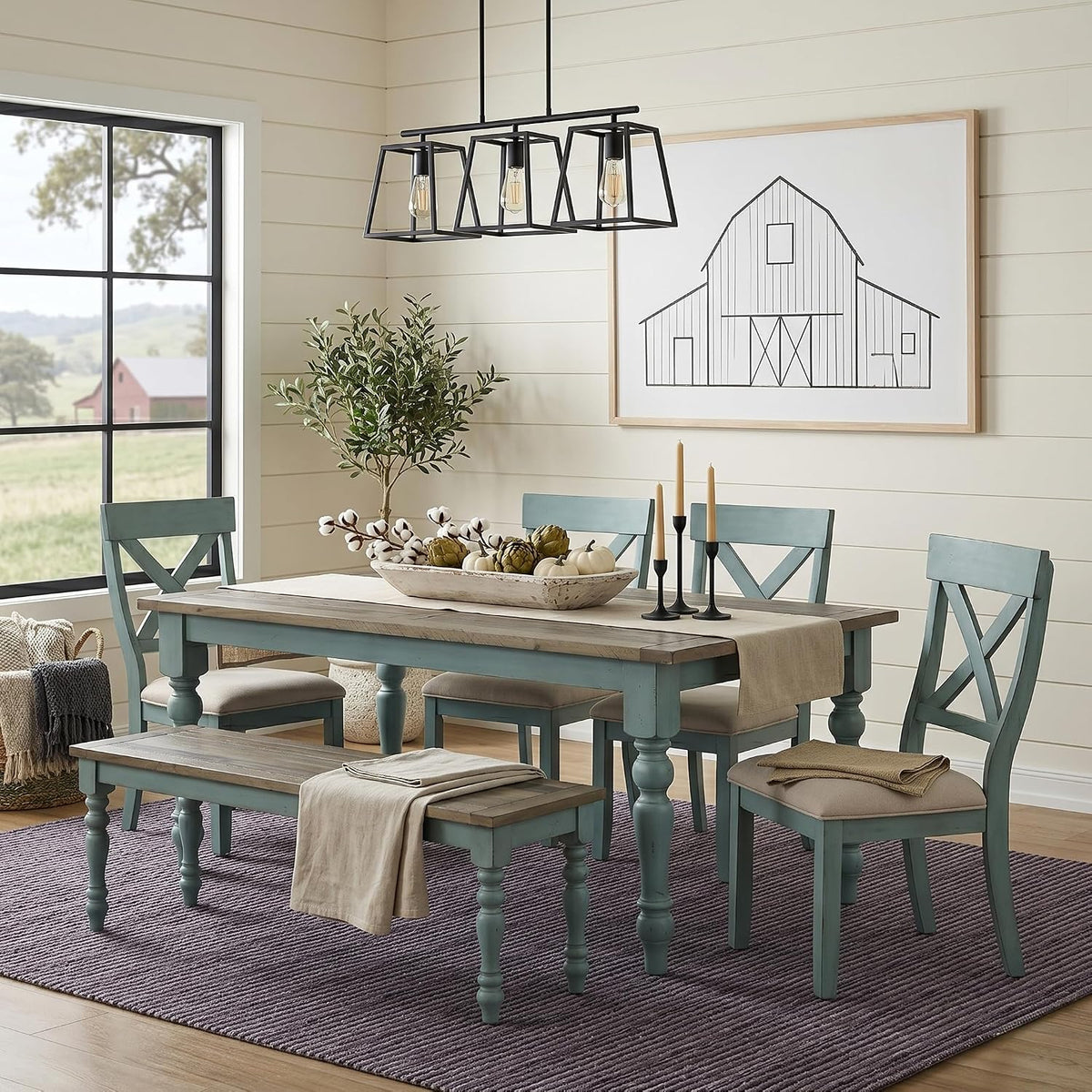 Roundhill Furniture Prato 6-Piece Dining Set, Dining Table with 4 Cross Back Chairs and Bench, Antique Blue and Distressed Walnut Finish