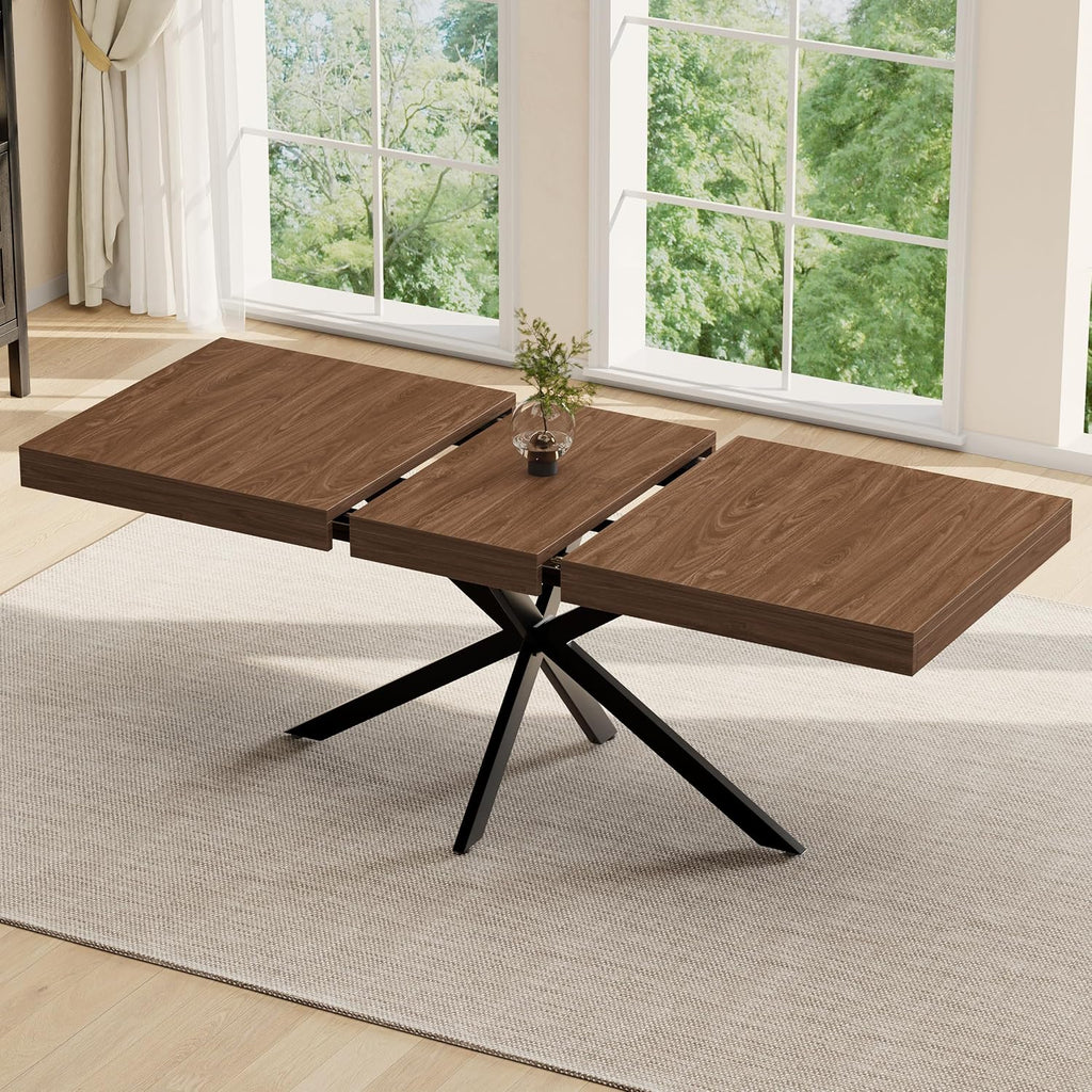 Extendable Dining Room Table for 4-6-8, Large 55''-70.9'' Wood Rectangle Expandable Dining Table with Hidden Storage, Space Saving Farmhouse Kitchen Table for Dining Room Kitchen Office,Walnut