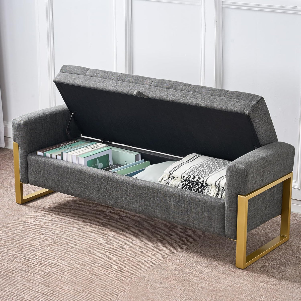 adochr 57" Storage Bench, Linen Upholstered Ottoman with Storage, Large End of Bed Bench with Metal Legs & Button-Tufted,500 lb Capacity, for Living Room, Bedroom, Entryway, Dark Grey