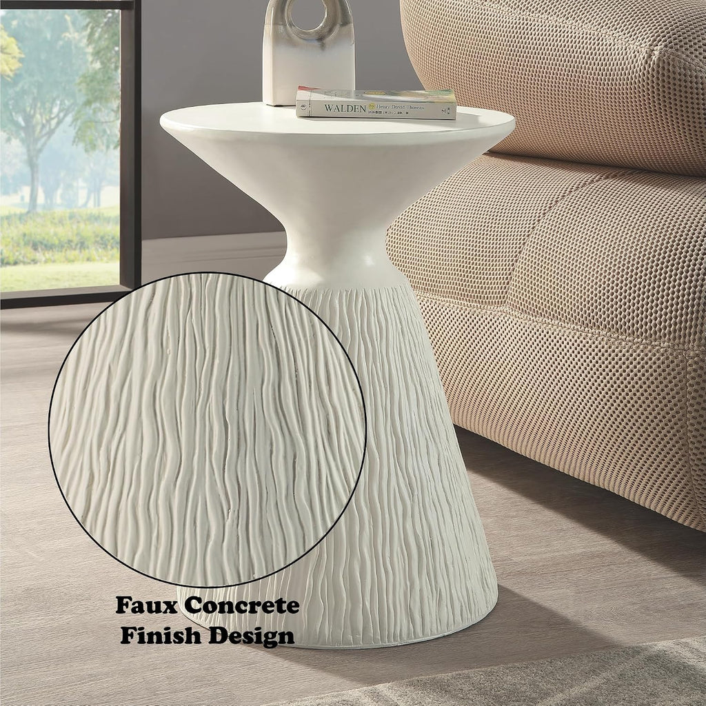 φ16 Natural White Finish Fiber Concrete Accent Table, Round Side Table for Living Room, Engineered Stone Pedestal End Table for Bedroom Small Space, No Assembly Request - White