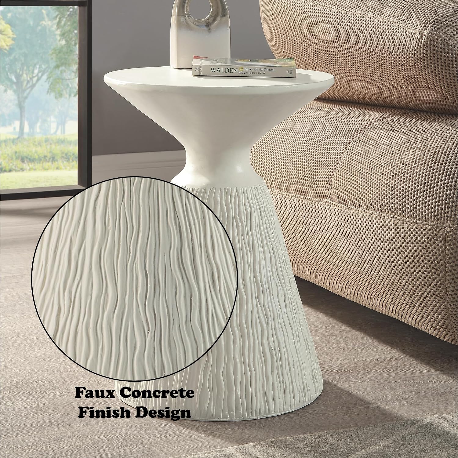 φ16 Natural White Finish Fiber Concrete Accent Table, Round Side Table for Living Room, Engineered Stone Pedestal End Table for Bedroom Small Space, No Assembly Request - White