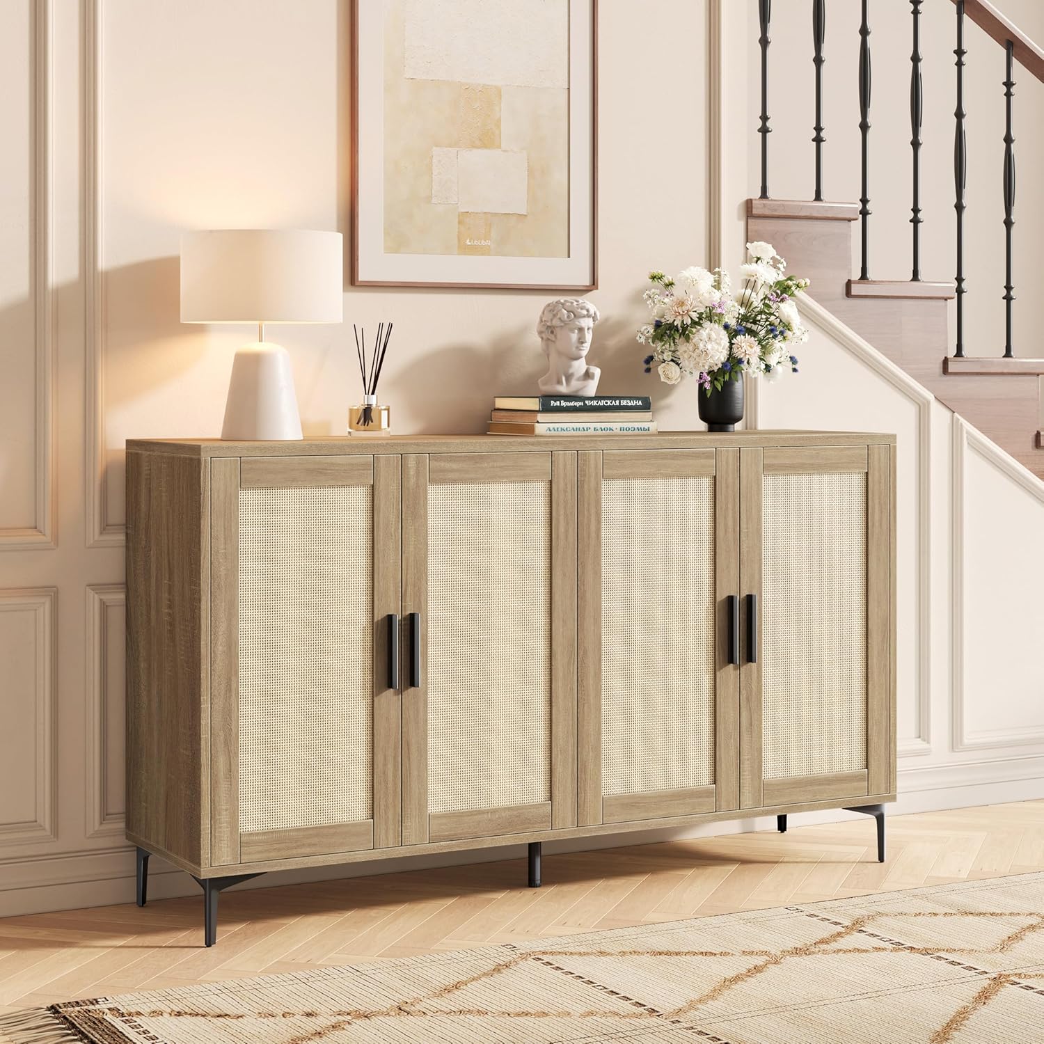 JASIWAY Buffet Cabinet with Storage, 48" Rattan Sideboard with Adjustable Shelves, Modern Coffee Bar Cabinet Console Table with Doors, Credenza for Kitchen, Living Room, Entryway, Dining Room, Wood