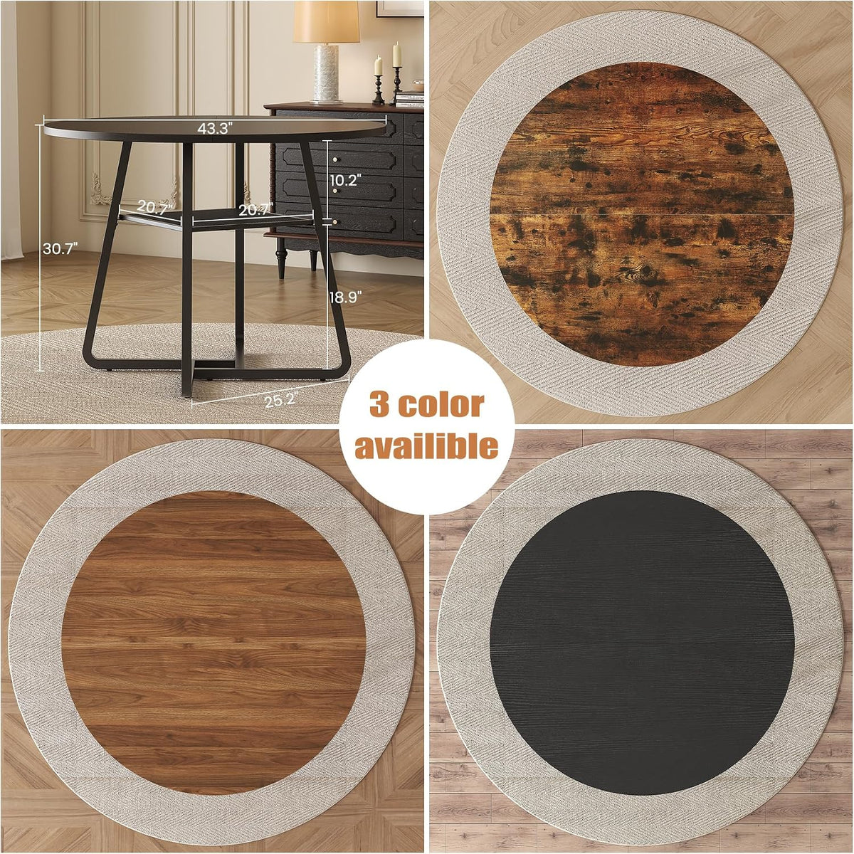 Bigbiglife 43.3" Dining Table for 4, Round Kitchen Table with Storage, Space Saving Circle Dinner Table, Farmhouse Kitchen & Dining Room Tables with Metal Legs for Dining Room (Black)