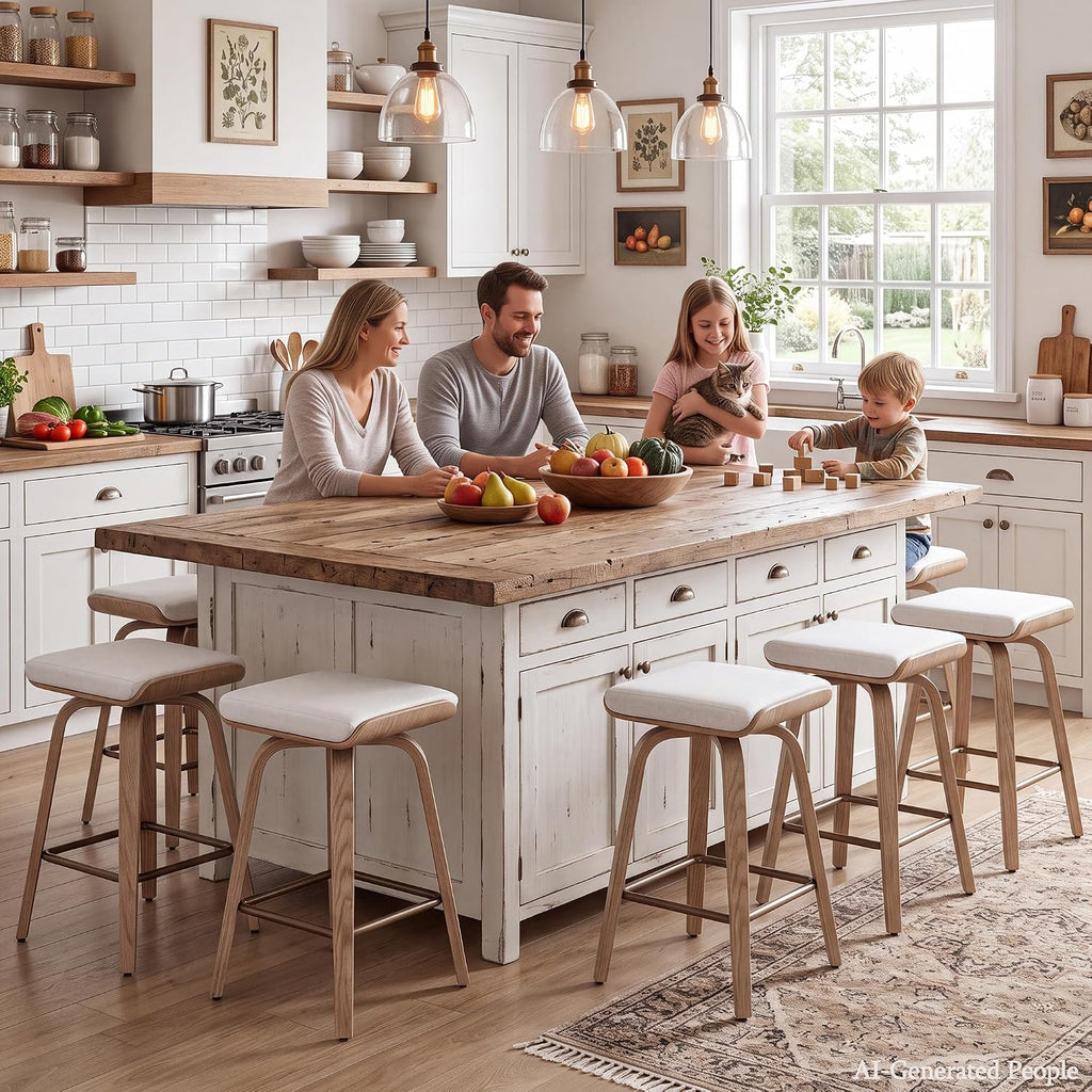 HNY 26" Swivel Bar Stools Set of 4, Backless Counter Height Bar Stools with Removable Linen Cushion, 360° Swivel Wooden Saddle Stools with Footrest for Kitchen Island, Home Bar & Small Spaces