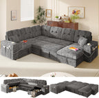 Modular Sectional Sleeper Sofa with Pull Out Bed, 108 Inch U Shaped 7 Seat Couches for Living Room, Chenille Fabric Cloud Couch Bed with Storage & Reclining Backrest, USB Charging, Grey