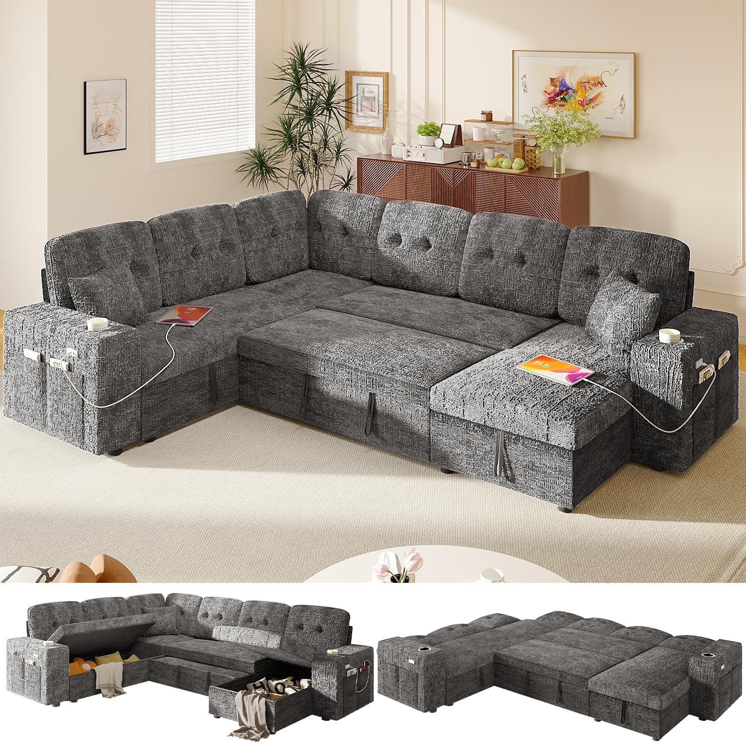 Modular Sectional Sleeper Sofa with Pull Out Bed, 108 Inch U Shaped 7 Seat Couches for Living Room, Chenille Fabric Cloud Couch Bed with Storage & Reclining Backrest, USB Charging, Grey
