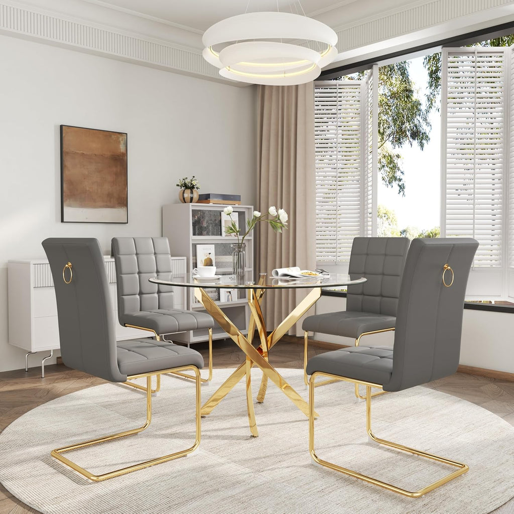 AF ARTISAN FURNITURE 5 Piece Round Glass Dining Table Set, Gold Glass Kitchen Table Set for 4 Modern Table Set with 4 Grey PU Upholstered Dining Chairs, for Small Space, Breakfast Nook