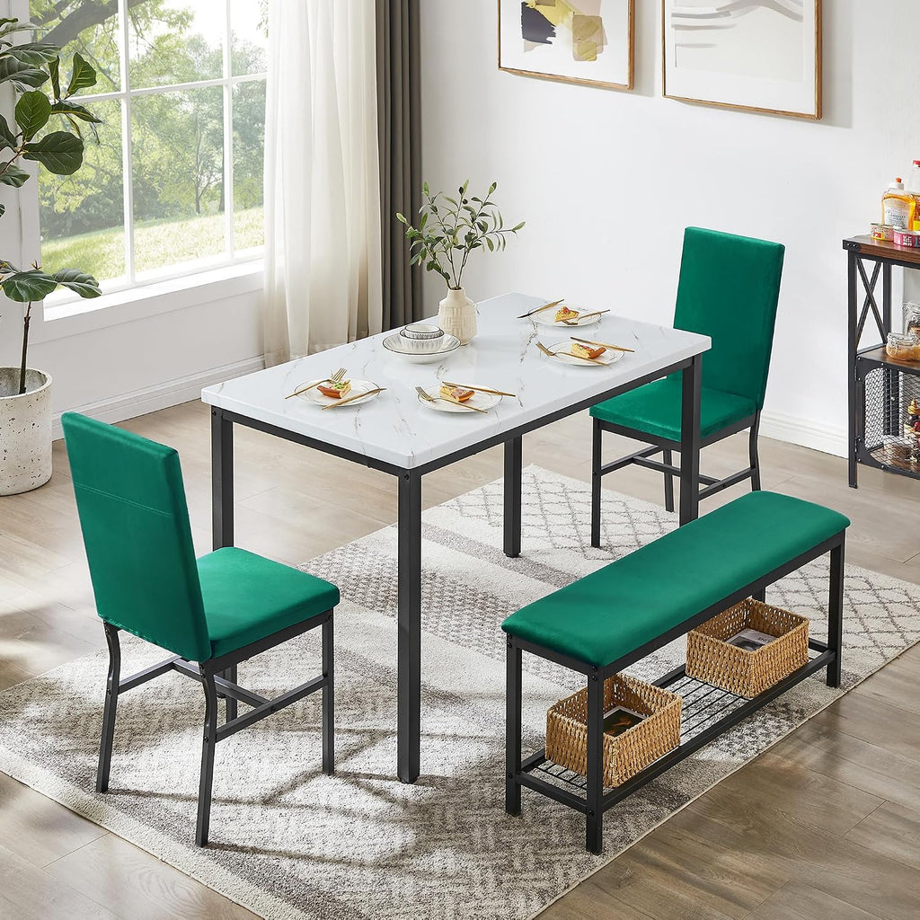 YOFE Dining Table Set for 4,Faux Marble Kitchen Table,Kitchen Table Chairs Set with Velvet Chairs,Bench with Storage Net for Dining Room,Small Apartment (Green 1+3)
