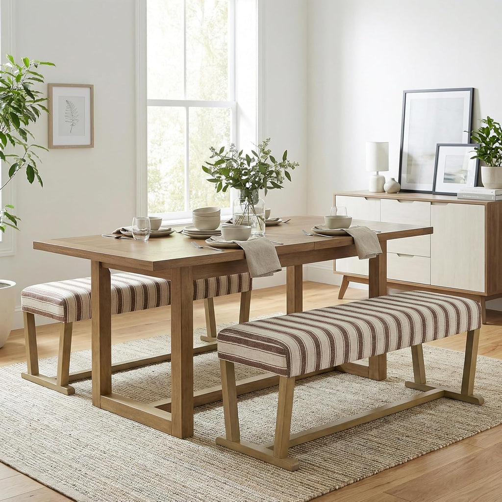 VKNOW 41" Upholstered Entryway Bench, End of Bed Bench with Cushion and Rubber Wood, Kitchen Dining Bench, Striped Bench for Dining Table, Bedroom, Living Room, Brown