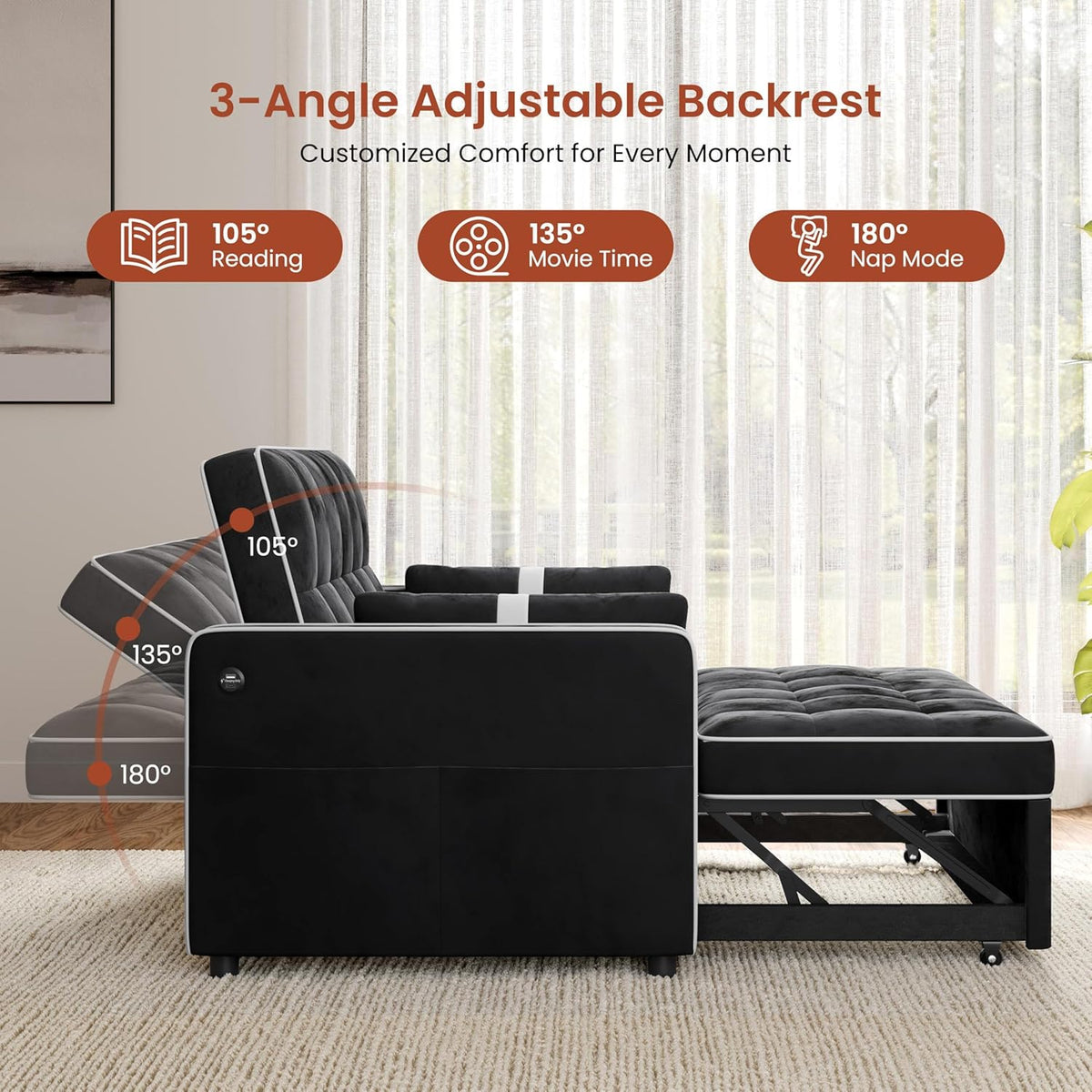 Yaheetech 3 in 1 Sofa Bed Convertible Velvet Sofa Pull Out Couch Folding Loveseat Sleeper with Adjustable Backrest, Armrest Pillows, USB Ports, Side Pockets for Living Room Bedroom Apartment, Black