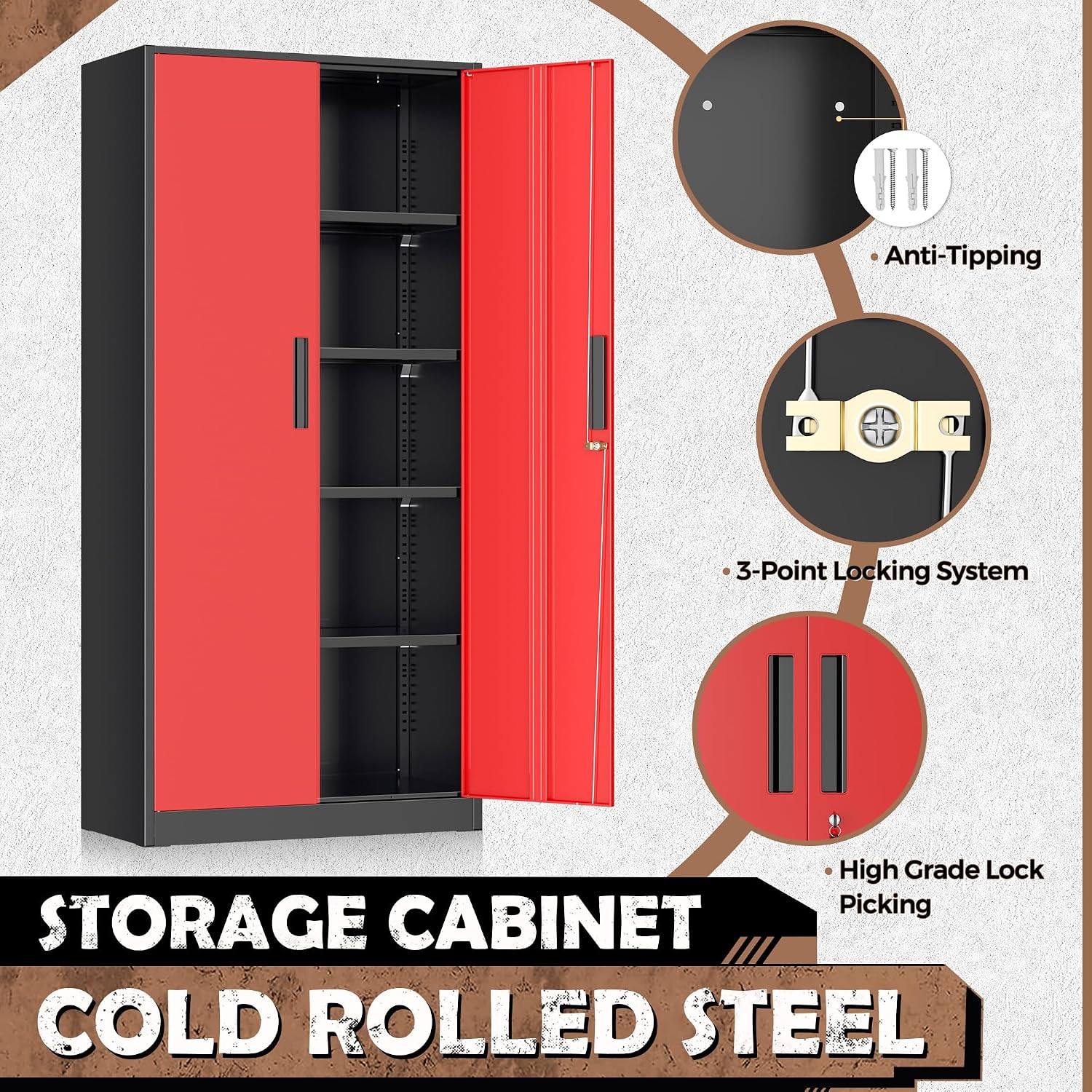 INTERGRAET Metal Storage Cabinet with Adjustable Shelves, Garage Storage Cabinets with Doors and Shelves, File Cabinets for Home Office, Kitchen Pantry Cabinet, 72''H, Black Red