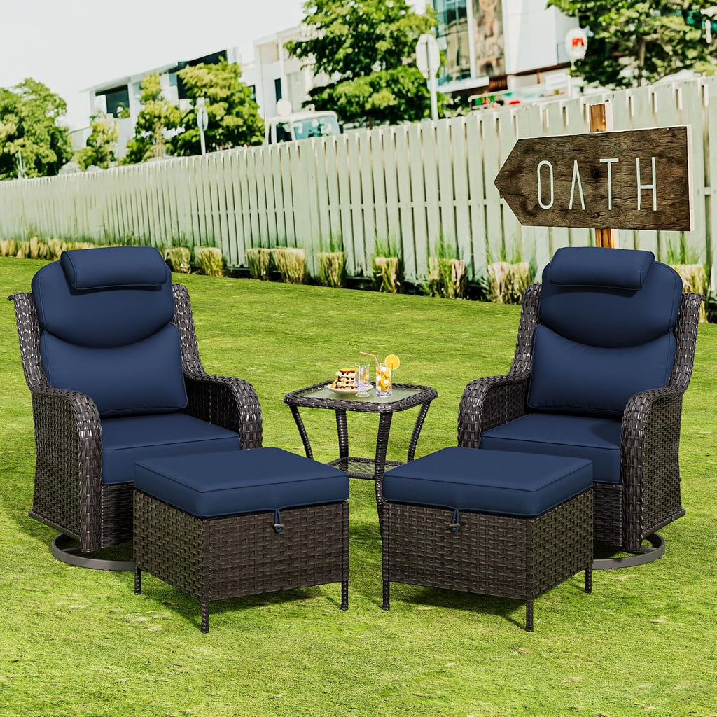 Patio Wicker Ottomans with Removable and Washable Covers, PE Rattan Outdoor Footstools for Porch, Sunroom (Blue)