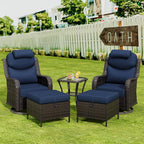 Patio Wicker Ottomans with Removable and Washable Covers, PE Rattan Outdoor Footstools for Porch, Sunroom (Blue)