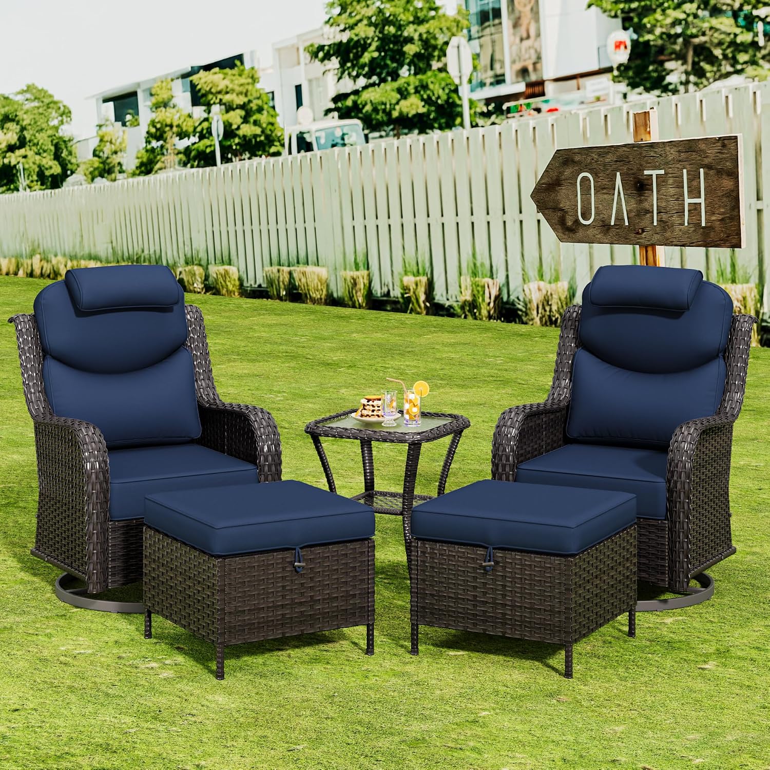 Patio Wicker Ottomans with Removable and Washable Covers, PE Rattan Outdoor Footstools for Porch, Sunroom (Blue)