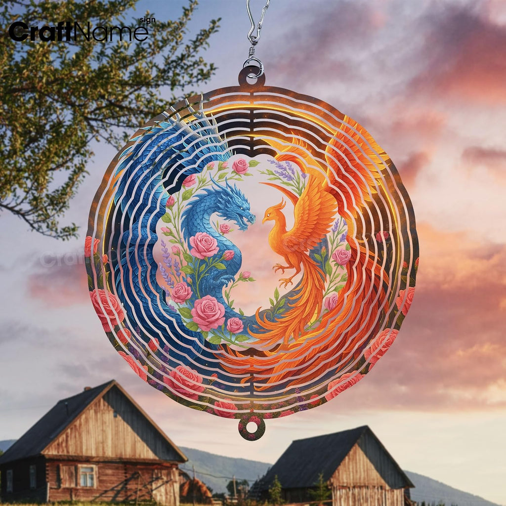 Personalized Dragon & Phoenix Wind Spinner 3D Stainless Steel, Dragon Garden Spinner Hanging Outdoor Decor, Wind Spinners Outdoor, Custom Gift for Grandmother, Mom, Wife